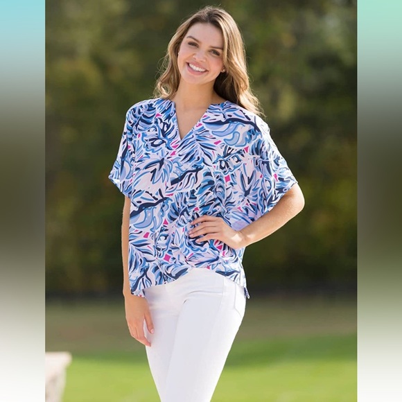 Simply Southern Palm Leaves Print Drape Blouse Blue - Picture 2 of 3